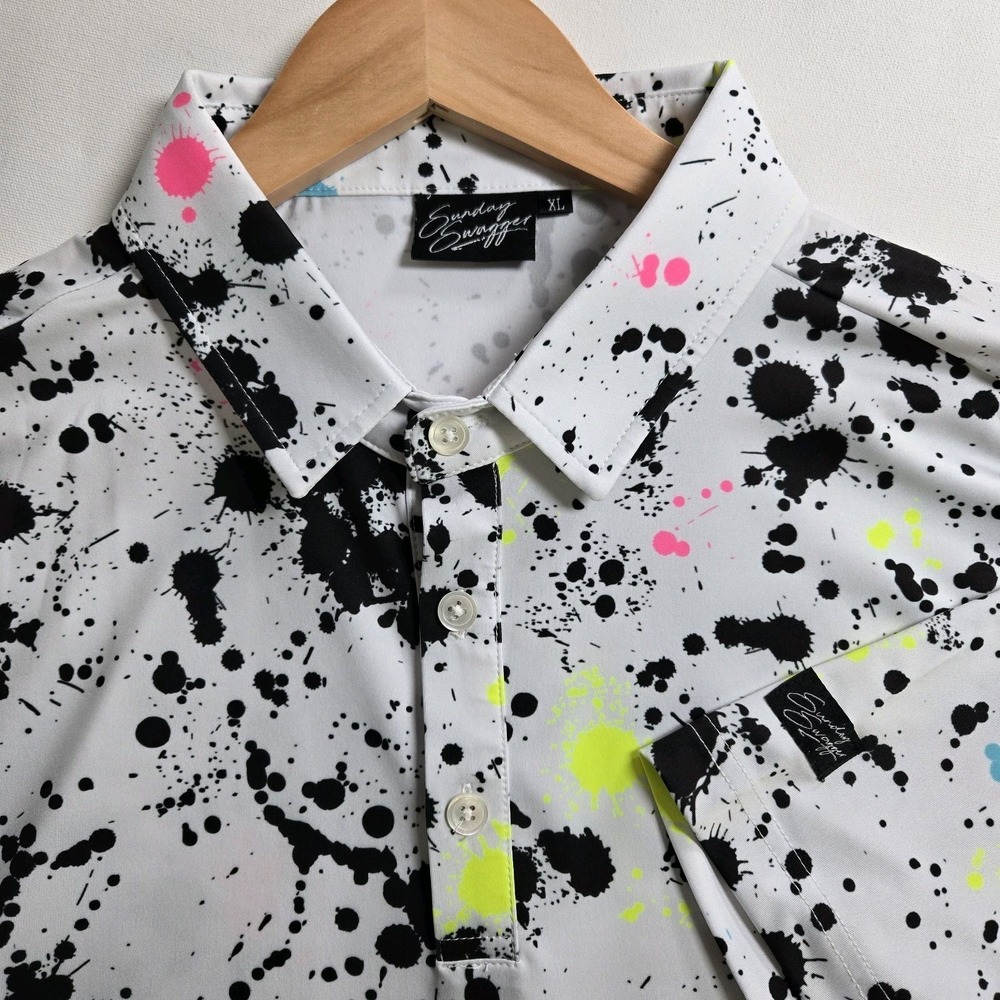Sunday Swagger Men's Splatter Print Performance Black Golf Polo‎ Shirt XL